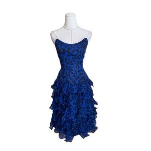 Vintage 80s A. J. Bari Strapless Blue Leopard Dress Ruffles Glitter